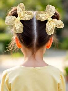 2件組女孩蕾絲蝴蝶結黃色刺繡花朵髮夾 優雅婚禮派對髮飾 仙女風髮飾 嬰兒髮飾 春夏款 - 黃色 - 查看 7