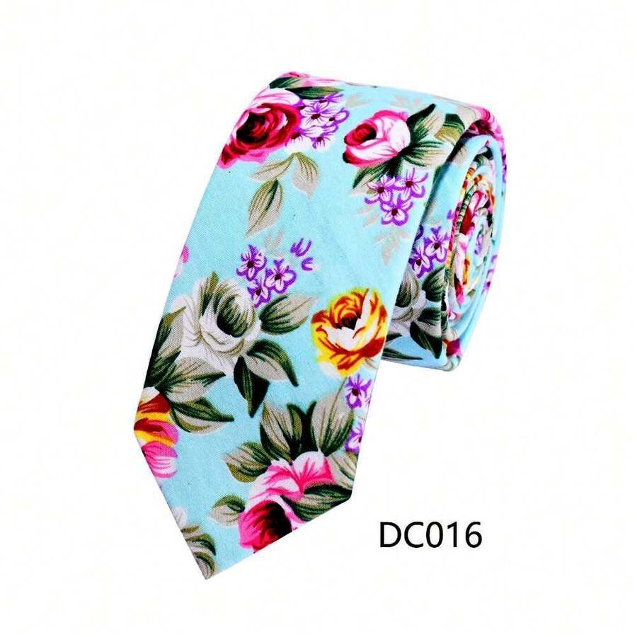 1 pièce Cravate élégante en satin à motif floral multicolore pour homme, convient pour les fêtes, les banquets, les tenues de voyage, cadeau de remise des diplômes - Bleu ciel - Voir 1