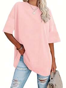 [3-Piece Set] Mid-Length Women's T-Shirt Top, Round-Neck Short-Sleeve Women's T-Shirt, Solid Color Long Style 2026 Country Concert Outfit - Bộ ba món - Xem 3