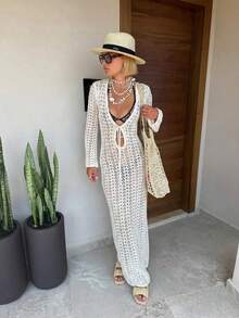 2026 New Arrival Women's White Deep V-Neck Tie-Waist Knit Maxi Dress, Flare Sleeve Design, Floor-Length Hem, Beach Resort Spring/Summer Style Vacation - White - View 2