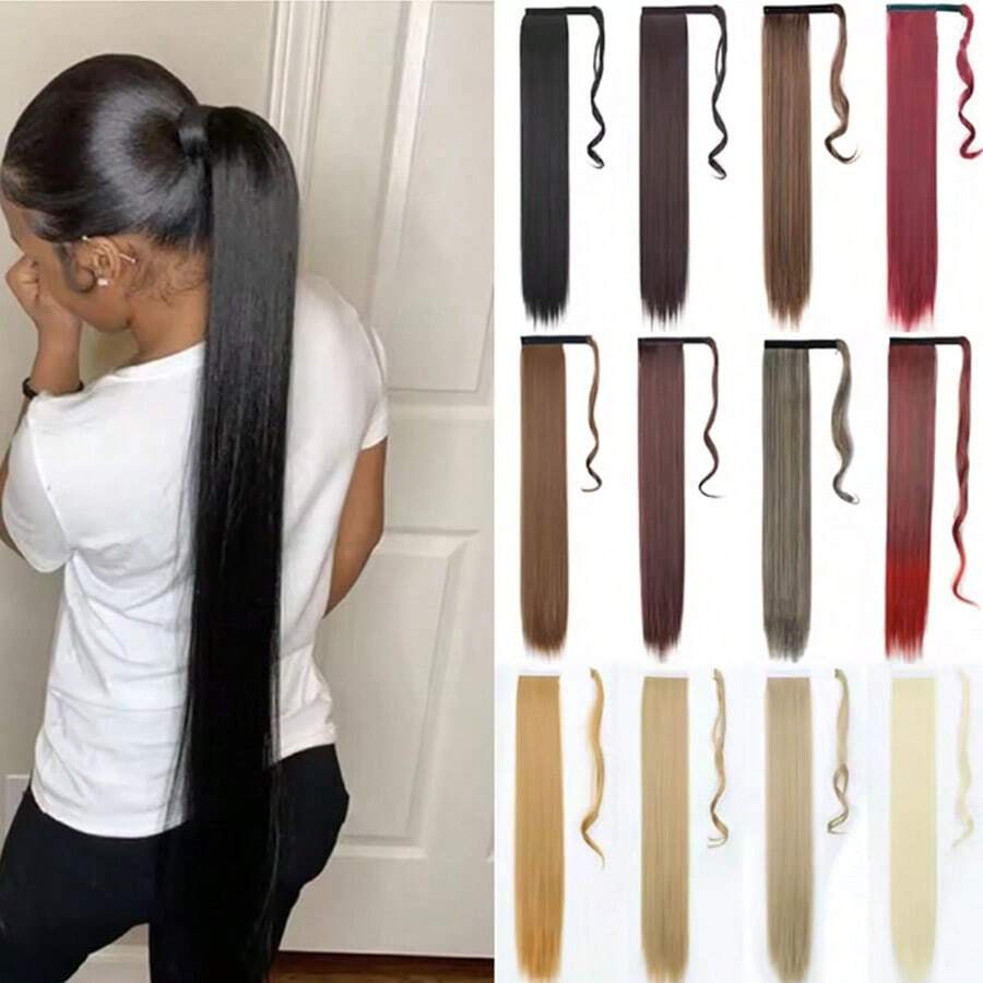 Synthetic 34Inch Long Straight Ponytail Hair Clip In Extension Heat Resistant Hair Wrap Around Pony Hair Piece For Women - Multicolor - View 1