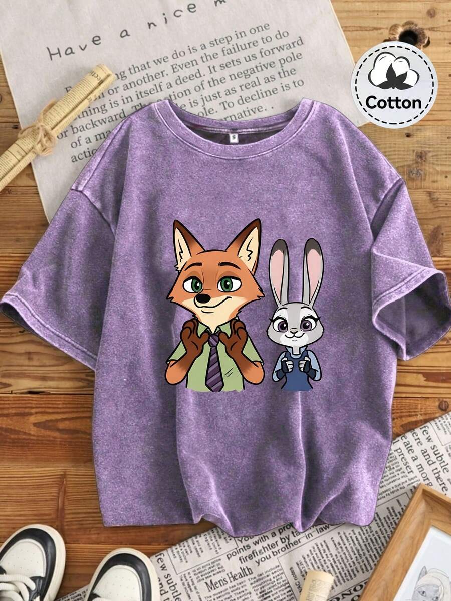 Disney Zootopia Nick Judy Lilo & Stitch Is Not Lazy And. Retro Washed Black Oversized Cotton T-Shirts, Oversized Loose-Fitting T-Shirts For Men And Women, Funny Disney Tops. - 紫色 - 查看 1