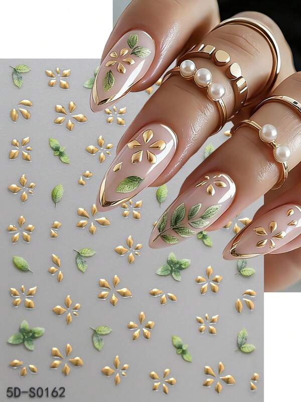1pc Shiny Gold Leaf Pattern Nail Art Sticker, Green Purple Leaf Flower Suitable For Acrylic Nails, Women DIY Nail Decor Sticker, Perfect For Autumn/Winter Nail DIY Nail Supplies Nail Stickers
