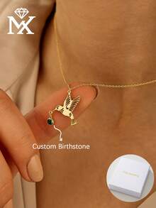Stainless Steel Cute Bird Birthstone Pendant Necklace. This Customizable Birthstone Necklace Is A Multi-Functional Jewelry Accessory Suitable For Daily Wear, Formal Occasions, Or Holidays. It Makes A Unique Creative Gift For Family And Friends. - Yellow Gold - View 3