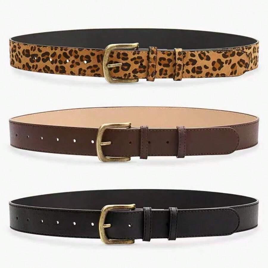 1 pieza Cinturón de cuero PU de estampado de leopardo casual para mujer, versátil y de gran en todas las temporadas - negro - Ver 1