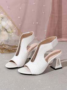 女士白色编织纹理露趾镂空凉鞋，方头粗跟高跟鞋，春秋季办公通勤/婚宴时尚鞋履，皮革材质 - 白色 - 查看 4