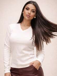 Long-Sleeved Flannel Blouse For Women, Ribbed Knit, V-Neck, Casual, Elegant, Chic, Basic, Comfortable, Warm, Fashionable, , Autumn/Winter 2026, Burgundy. - 米白色 - 查看 3