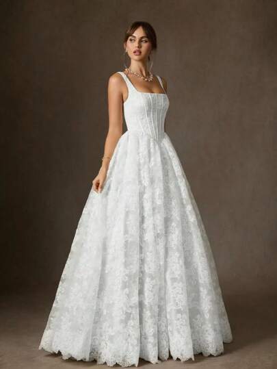 White Elegant Lace & Satin Mermaid Wedding Dress, Deep V-Neck Sleeveless With Delicate Lace Appliqué, Fitted Silhouette & Chic Short Train, Bridal Gown For Civil Wedding, Intimate Small Wedding & Honeymoon Photo Shoot, Spring Summer Fall Available