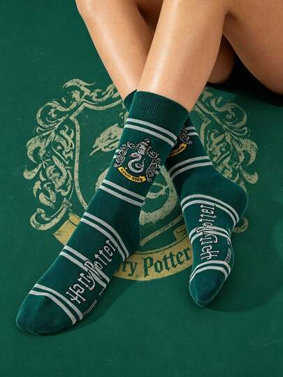  1 Pair Unisex Socks, Warner Bros Collaboration Magical School Series, Featuring House & Cartoon Animal Prints, Comfortable School Style, Suitable For Movie Fans, All Seasons
