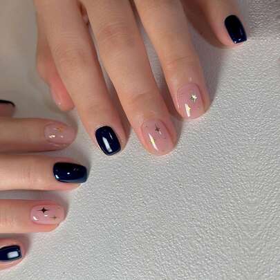 24 Pieces Press On False Nails Short Square Shape/Elegant Dark Blue Star Rhinestone Squoval Press On Nails, Cool Elegant Style Suitable For Daily Commuting, Gatherings, And Casual Wear.