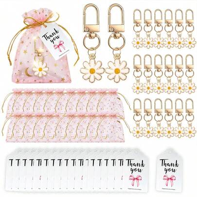 Bộ quà tặng 12 móc khóa hoa cúc, bao gồm thiệp cảm ơn, túi vải organza màu hồng, móc khóa hoa cúc trắng, thích hợp làm quà tặng đám cưới, quà lưu niệm, sinh nhật, ngày lễ, tiệc tùng, tốt nghiệp, trang trí họp mặt, hộp quà kẹo.