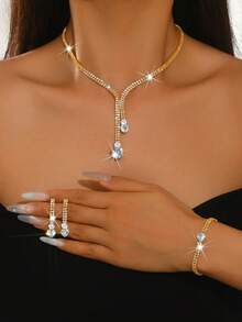 4pcs/Set Women's Heart Pendant Jewelry Set, Y-Shaped Necklace, Dangle Earrings, Bracelet, Bridal Wedding Anniversary Valentine's Day Mother's Day Gift - Gold - View 2