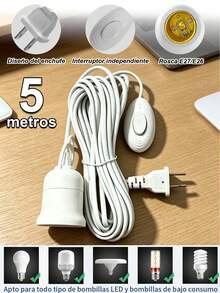5M Enchufe de luz E26/E27, ortalámparas Soporte de Base para Lampara,base de cable de extensión de luz colgante de 5M con interruptor, soporte de lámpara enchufable, base de bombilla en espiral para escritorio, dormitorio, sala de, base de lámpara de 110 V para enchufe de luz con cable, enchufe de bombilla con base de soporte de lámpara - Blanco - Ver 2