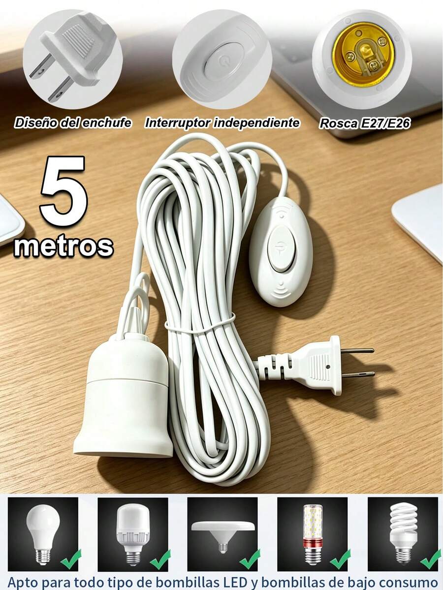 5M Enchufe de luz E26/E27, ortalámparas Soporte de Base para Lampara,base de cable de extensión de luz colgante de 5M con interruptor, soporte de lámpara enchufable, base de bombilla en espiral para escritorio, dormitorio, sala de, base de lámpara de 110 V para enchufe de luz con cable, enchufe de bombilla con base de soporte de lámpara