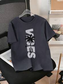 Teenager Boys' Comfortable Casual Set, Including Round Neck Letter & Palm Tree Print T-Shirt + Shorts, Summer - Multicolor - View 3