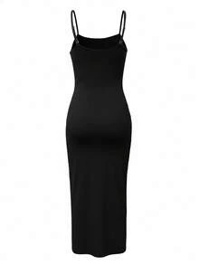 LovelyWholesale Women's Adjustable Solid Color Bodycon Long Dress Summer Clothes For Women Elegant - Black - View 7