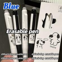 4支黑色小狗造型按动式圆珠笔，蓝色墨水，软握笔杆，高品质学生/办公用品，礼品文具 - 黑心小狗可擦筆 - 查看 6