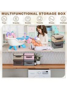 1pc Dustproof Linen Fabric Storage Box With Handle, Foldable And Stackable, Suitable For Storing Toys, Books, Cosmetics, Perfect For Wardrobe, Bedroom, Living Room, Kids Room, Dorm, Office, Apartment - Khaki - View 5