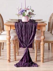 5pcs Deep Purple Chiffon Ruffle Design Table Runners, Solid Color Tablecloths, Suitable For Graduation Celebration, Birthday Party Decoration, Wedding Accessories, Holiday Home Party Table Decor, Baby Shower, Bridal Shower Tablecloth, Banquet Party Table Flags, Cheese Cloth Table Flags, Table Decor - Dark Purple - View 3