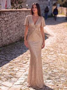 Faeriesty 优雅亮片V领短袖鱼尾连衣裙，扭结腰身设计，完美适用于黑领结晚宴、红毯、正式婚礼、歌剧之夜、慈善舞会、上流社会聚会以及夏季度假派对等场合。 - 香檳色 - 查看 3