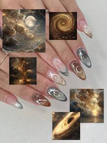 24片中號杏仁形貓眼穿戴甲，全彩全覆蓋亮面法式假指甲，Y2K 幻彩星空月亮星星壓克力美甲貼，復古女款美甲配件，適合美甲店、日常、約會、派對、旅行，女孩禮物 - 彩色 - 查看 2