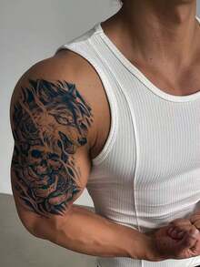 1 hoja Tatuaje temporal de gráfico animal botánico del Rey Lobo para hombres, tatuaje creativo y novedoso, resistente al agua, adecuado para brazos, piernas, cintura y otras partes del Body, arte de tatuaje realista y de moda, fácil de aplicar y retirar, dura de 7 a 10 días - Azul - Ver 2