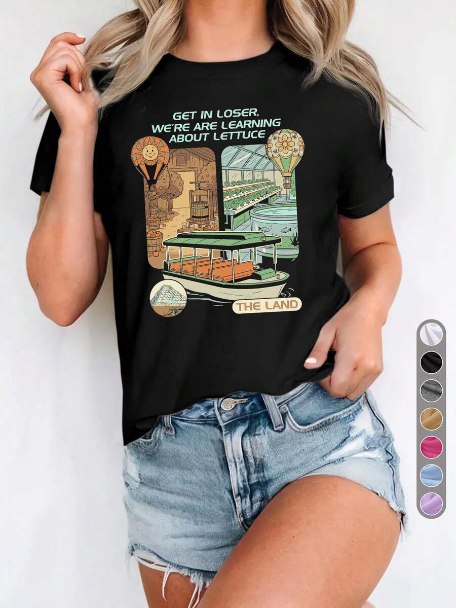 Den senaste 2026-modellen för dam, casual sport-t-shirt, rund hals, GET IN LOSER WE'RE ARE LEARNING ABOUT LETTUCE, roligt lantlivstema, vardagskläder, presentidé, vårträdgårdsfestival, humor-t-shirt, lantlig grafik, bekväm året runt-topp, sommarkläder, sommartoppar - Svart - Visa 1
