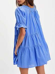 Women Puff Sleeve Babydoll Mini Dress Y2K Lace Trim Ruffle Flowy Dresses Summer Loose Swing Going Out Sundresses - 藍色 - 查看 2