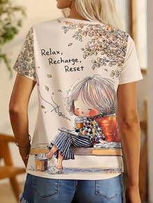 简约印花休闲上衣，夏季女装 - 淺杏色 - 查看 2