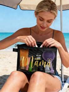 母亲节礼物网眼化妆包，金色字母“Súper Mama”网眼化妆包，创意“Mama”心形印花图案，透明拉链化妆包 - 彩色 - 查看 3