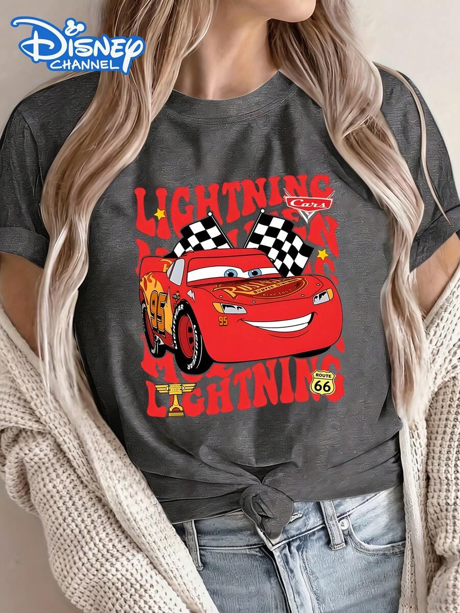Disney License T Shirts, Disney Cars Lightning McQueen Racing Print Graphic T-Shirt, Cool 95 Lightning McQueen Checkered Flag RRoute 66 Tee, Women's Casual Crew Neck Short Sleeve Tops For Car Lovers, Summer Casual Tops ,Camiseta, Summer Outfits For Women, Summer Clothes, Summer Tops, Tops For Women, Festival Outfits, Summer Tops For Women, Mother's Day, Mother's Day Clothing, Gifts For Family And Friends, Spring Outfits For Women, Officially Licensed Disney T-Shirts, Disney Men's And Women's Spring/Summer Fashion Casual Short-Sleeve T-Shirts - Xám - Xem 1