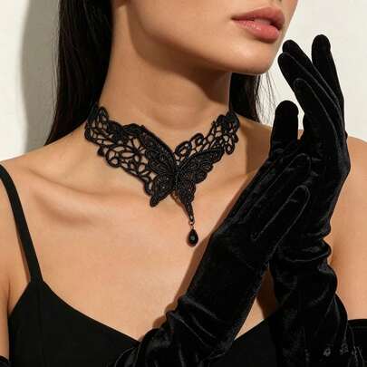 1pc Solid Color Hollow Butterfly Pendant Sexy Necklace, Versatile Choker Necklace, Black Exaggerated Neck Strap, Dress Accessory Dance Necklace