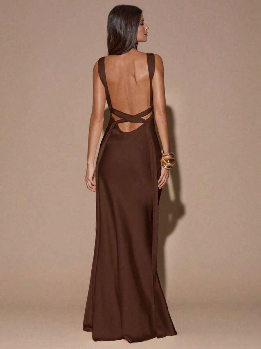 Vestido de tirantes con escote en V profundo y espalda descubierta, de unicolor amarillo/crema, estilo minimalista y sexy, adecuado para fiestas, eventos de cóctel, ocasiones formales, vestidos de dama de honor, vestidos de cumpleaños, vestido de satén amarillo, Navidad, banquetes, casual de negocios - Café integral - Ver 1