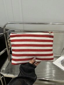 Casual Striped Zipper Clutch Bag - Burgundy - View 6