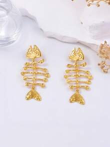 ZA 3D立体浮雕合金鱼形吊坠耳环，女士款 | 金/银色复古朋克波西米亚海滩风，复活节母亲节礼物，海滩婚礼派对配饰 - 魚 - 查看 4