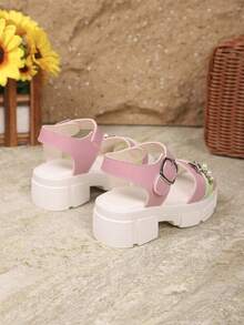New Spring/Summer Girls High Heel Sandals, White Thick Sole Design With Rhinestone And Pearl Decor, Fashionable And Elegant, Suitable For Girls' Daily Wear Or Wedding Events - Watermelon Pink - View 6