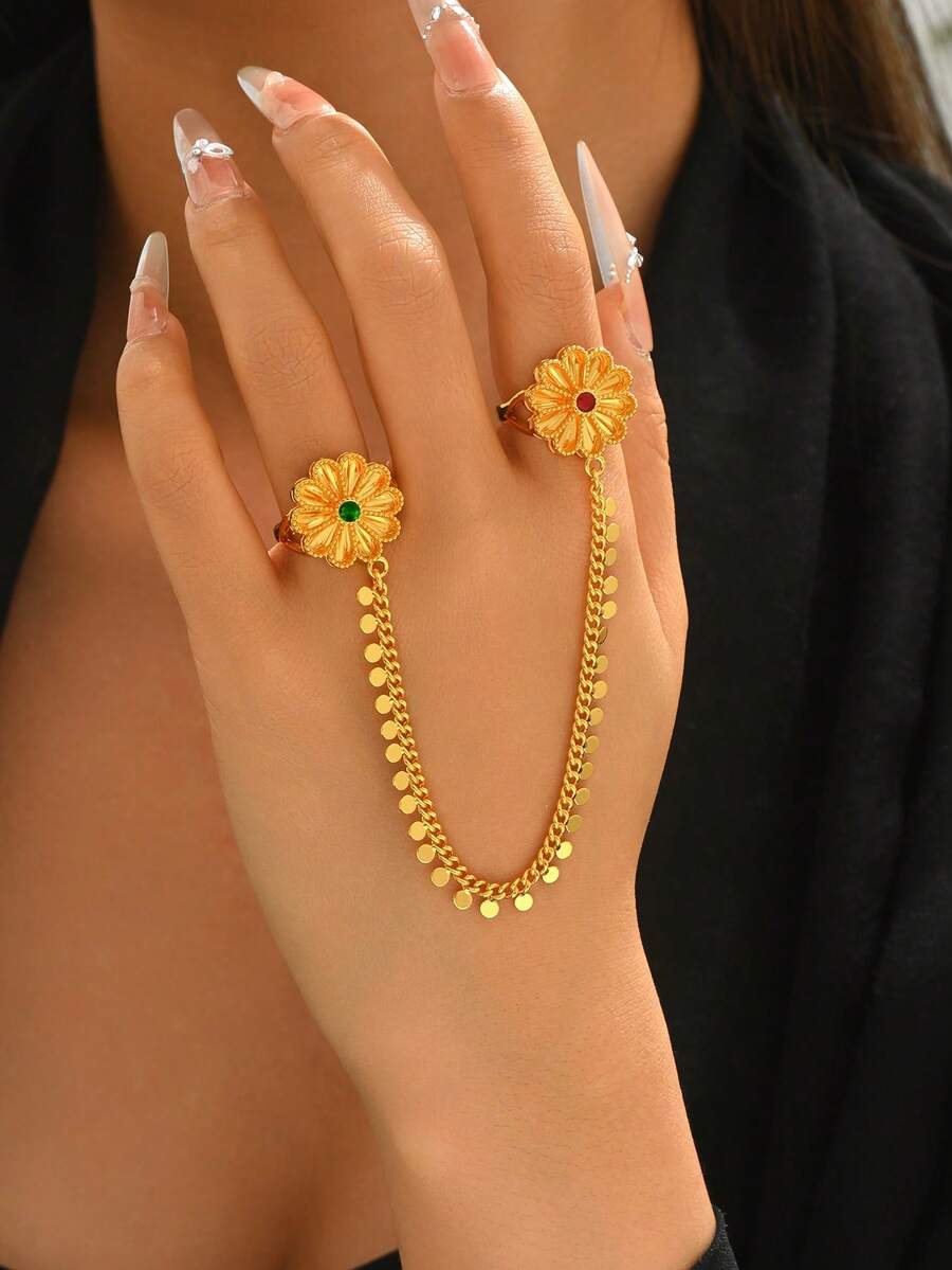1pc Minimalist Versatile Gold-Plated All-Match Chain & Floral Linked Finger Hand Chain, Suitable For Dates, Weddings, Parties, Holidays, Gift - Yellow Gold - View 1