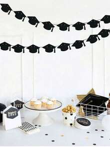 Felt Black Graduation Cap Garland - Grad Garland Class Of 2026, Grad Decor Class Of 2026 | Black 2026 Grad Party Decorations, Graduation Decorations 2026 - View 6