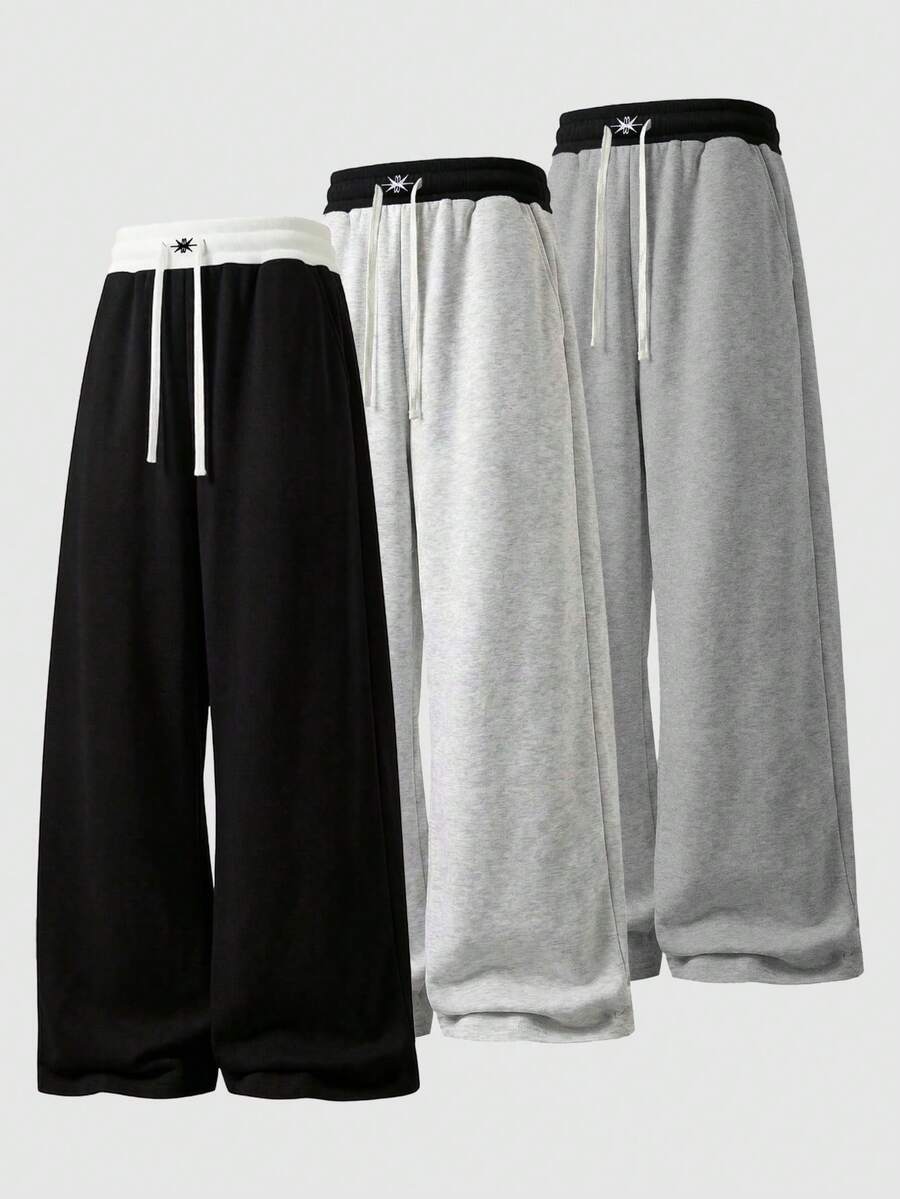 Men's; 1pc Loose Fashion Sports Pants, Belt-Out Colorblock Design. Unisex Wide Leg Pants Casual Minimalist, Waist Drawstring, Large Pockets, Suitable For Watching World Cup, Daily Walking, Work, Travel, Etc. Perfect Gift For Father On Father's Day, July 4th Celebration - Black - View 1