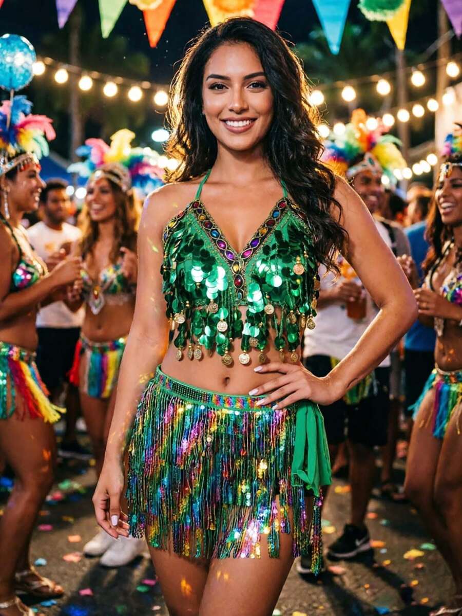 Carnival 2 Pieces Outfit Set - Sequin Fringe Coin Embellished Bra Top & Hip Wrap For Festival, Rave & Parade Wear (Available In Multiple Colors) - Multicolor - View 1
