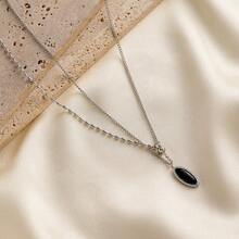1pc Small And High-End Oval Black Mirror Necklace With Double Layered Collarbone Chain, Suitable For Women's Date Wear, Daily Commuting, Summer Charm, Women's Necklace, Stainless Steel Chain Jewelry, Women's Stainless Steel Jewelry, Women's Bracelet - Multicolor - View 6