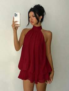 Vestido mini elegante de mujer con cuello halter y lazo en color amarillo claro - Burdeos 2 - Ver 4