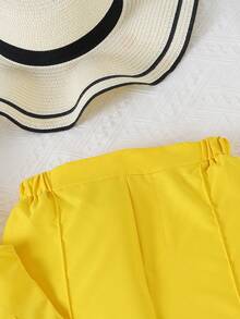 Tween Girl Solid Color Single-Breasted Top And Wide-Leg Pants Casual Daily Outfit - Yellow - View 7