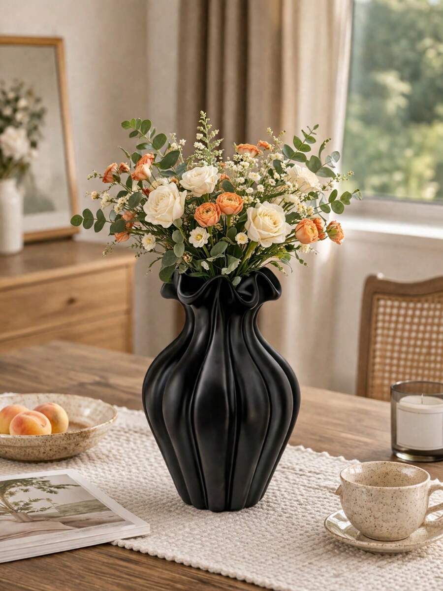 1pc Black Ruffled Decorative Vase, Suitable For Living Room Centerpiece - Multicolor - View 1