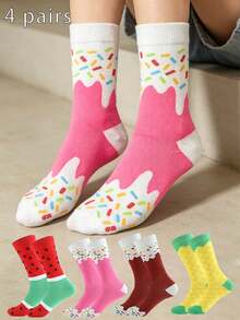 4 Pairs Women's Cartoon Mid-Calf Socks, Versatile Casual Couples Socks, Ice Cream, Watermelon, Fruit Patterns, Suitable For All Seasons, Spring/Summer - Multicolor - View 1