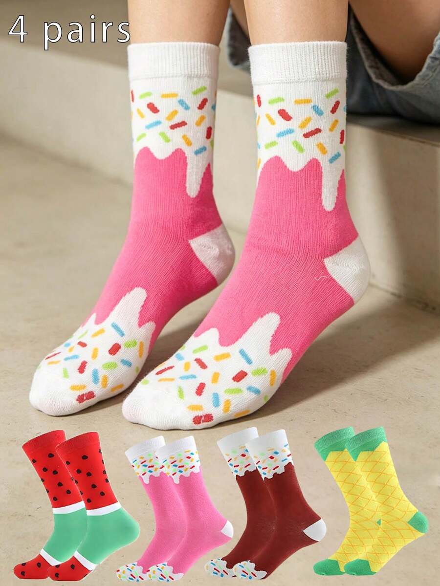 4 Pairs Women's Cartoon Mid-Calf Socks, Versatile Casual Couples Socks, Ice Cream, Watermelon, Fruit Patterns, Suitable For All Seasons, Spring/Summer - Multicolor - View 1