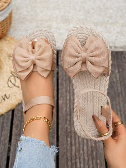 Giày sandal đế rơm có nơ dành cho nữ, kiểu dáng hở mũi, một quai, đế bằng thoải mái cho mùa hè.