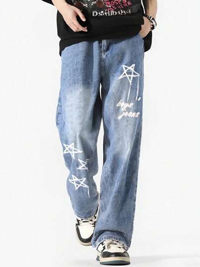 Pantalones vaqueros de mezclilla lavada estilo vintage americano para adolescentes, pantalones casuales sueltos de primavera/otoño con pierna recta y cordón, con estampado de grafiti de estrellas