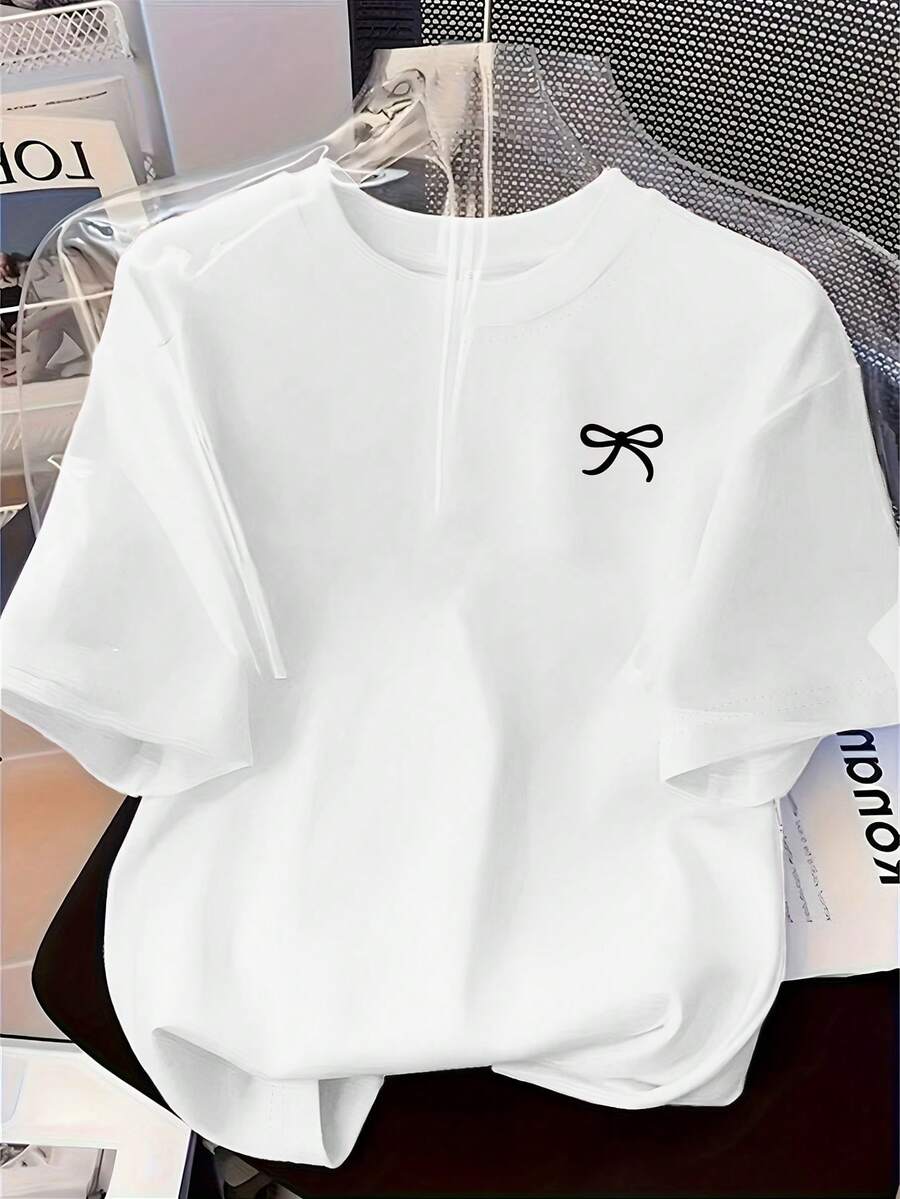 New Fashion Women's Round Neck T-Shirt, Bow Art Print, Casual, Comfortable And Versatile For Daily Wear, Spring Outfit - White - View 1