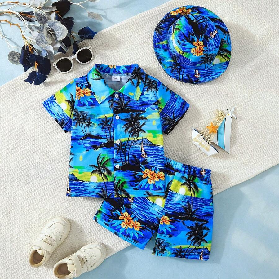 Set 3pcs/Set Pakaian Anak Laki-laki Gaya Liburan, Kemeja Lengan Pendek Bermotif, Celana Pendek & Topi, Modis Minimalis 2025 Terlaris di Musim Panas - Biru - View 1